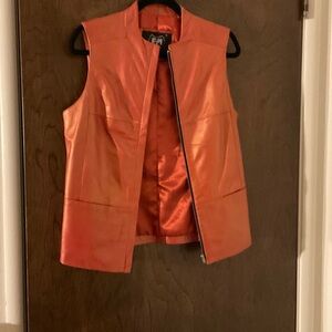 Women's Orange  Leather Sleeveless Zip Vest